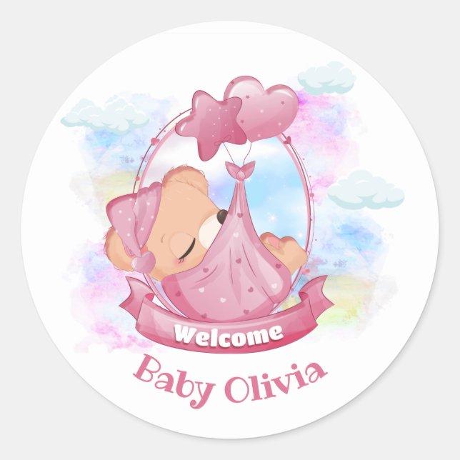 Sticker Rond Nouveau Bébé Fille Rose Teddy Ballons (Devant)