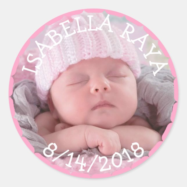 Sticker Rond Nouveau Faire-part photo bébé fille (Devant)