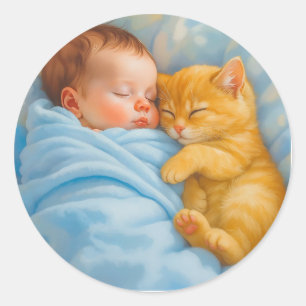 Sticker Rond Nouveau-né bébé garçon Napping avec Kitten
