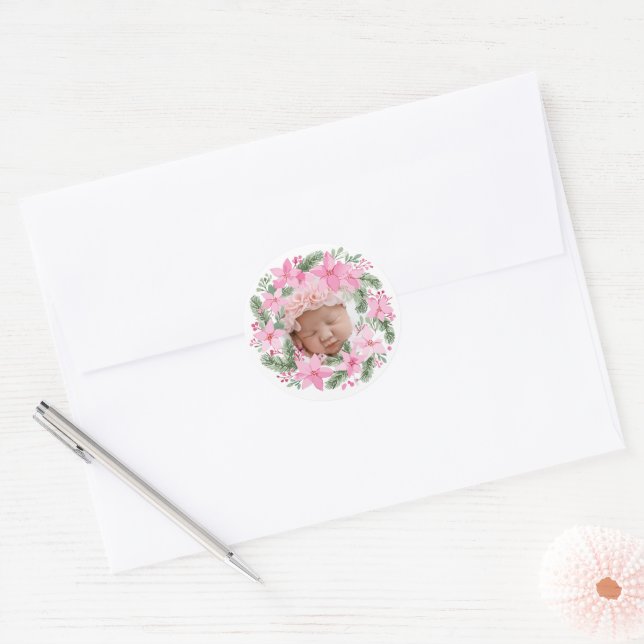 Sticker Rond Nouveau rose bébé photo de Noël fille Poinsettia (Enveloppe)