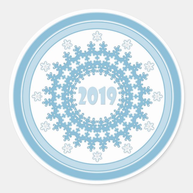 Sticker Rond Nouvel An 2019 cadre rond flocon bleu blanc (Devant)