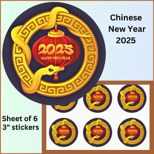 Sticker Rond Nouvel An chinois 2025 Serpent d'or sur Noir Grand