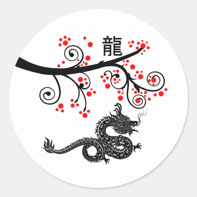 Sticker Rond Nouvel An chinois du Dragon et des fleurs rouges (Devant)
