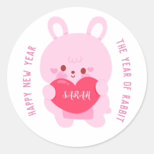 Sticker Rond Nouvel An chinois mignon du lapin Nom personnalisé