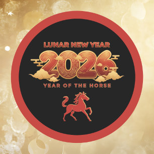 Sticker Rond Nouvel An lunaire 2026 Année du Cheval Rouge Noir