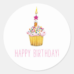 Sticker Rond Nouvel anniversaire de Cupcake à l'aquarelle