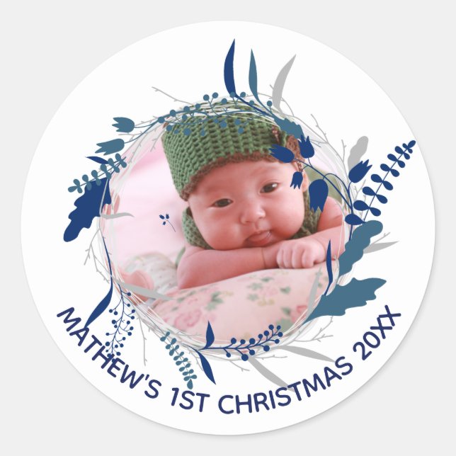 Sticker Rond NOUVELLE Faire-part de bébé 1er Noël Festive PHOTO (Devant)