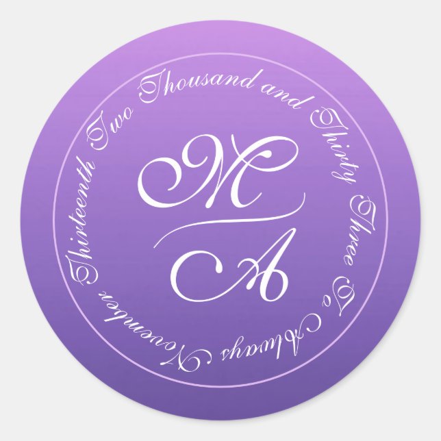 Sticker Rond Nuances simples de violet Mariage Monogramme Date (Devant)