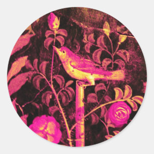 Sticker Rond NUIT AVEC ROSE rose Fuchsia Jaune Noir