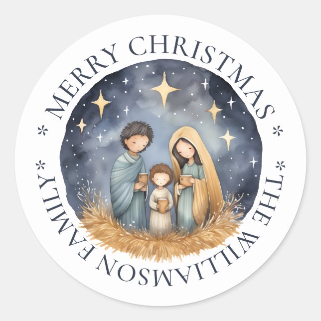 Sticker Rond Nuit d'aquarelle Joyeux Noël Blanc Marine (Devant)
