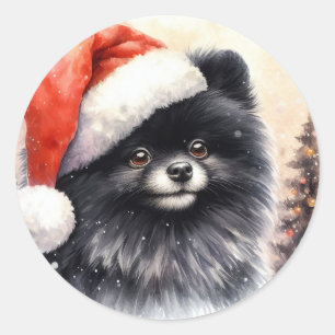 Sticker Rond Nuit d'Aquarelle Poméranienne Noire