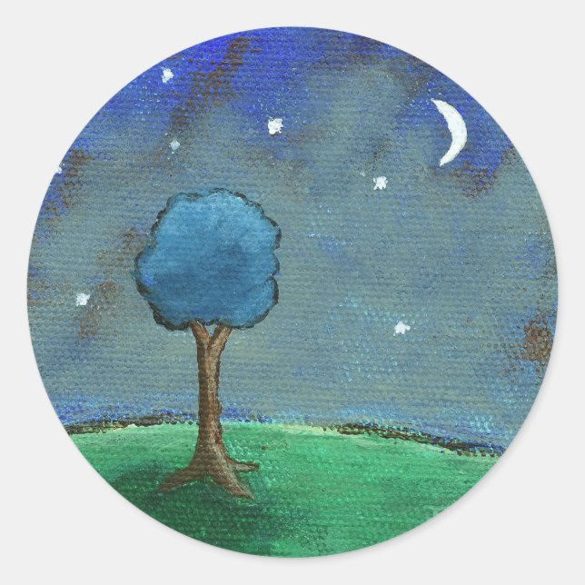 Sticker Rond Nuit étoilée, Paysage Abstrait Arbre Étoiles Lune (Devant)