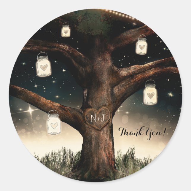Sticker Rond Nuit Rustique avec Arbre Lumineux et Mariage aux P (Devant)