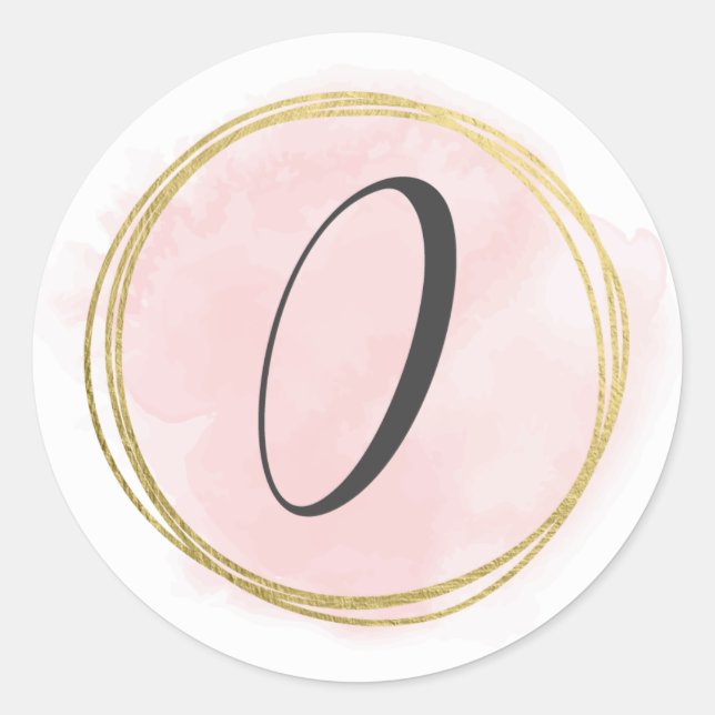 Sticker Rond Numéro 0 Monogramme Rose Pâle Aquarelle Or  (Devant)