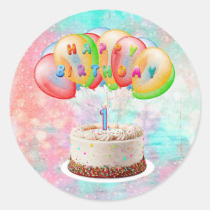 Sticker Rond Numéro 1 Bougie sur gâteau, Joyeux anniversaire, C