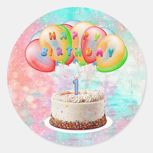 Sticker Rond Numéro 1 Bougie sur gâteau, Joyeux anniversaire, C (Devant)