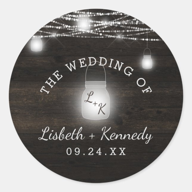 Sticker Rond Oak Ridge Rustic Wood & Mason Jar Monogram Mariage (Devant)
