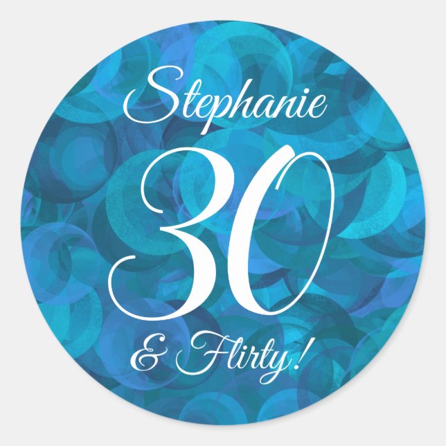 Sticker Rond Ocean Blue 30 et Flirty Anniversaire Favor (Devant)