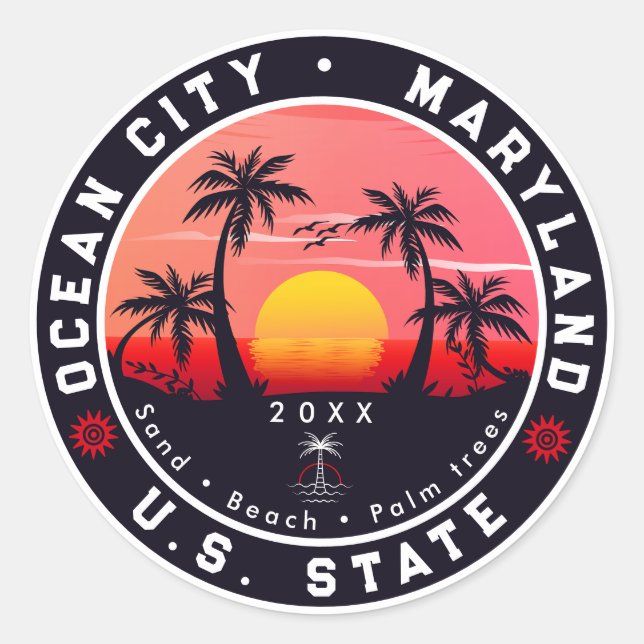 Sticker Rond Ocean City Maryland Retro Sunset Souvenirs 80s (Devant)