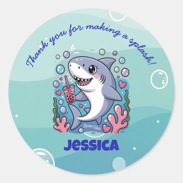 Sticker Rond Ocean Vibes Cute kawaii Boba Shark Baby (Devant)