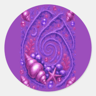 Sticker Rond Océan Violet Spirale Coquillage Art Fantastique