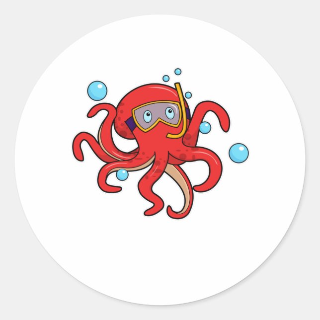 Sticker Rond Octopus à la plongée avec lunettes de natation (Devant)