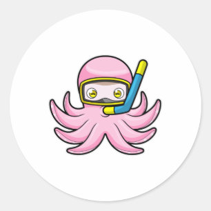 Sticker Rond Octopus à la plongée avec tuba et lunettes de nata