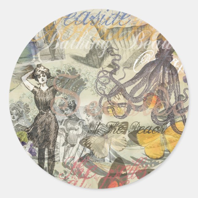Sticker Rond Octopus Beach Antique Côte Steampunk (Devant)