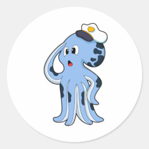Sticker Rond Octopus comme capitaine avec Casquette