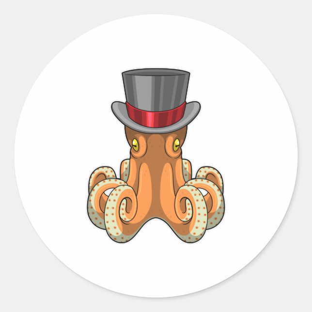 Sticker Rond Octopus comme Gentleman avec chapeau supérieur (Devant)