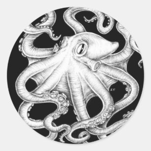 Sticker Rond Octopus Encre Noire Et Blanche