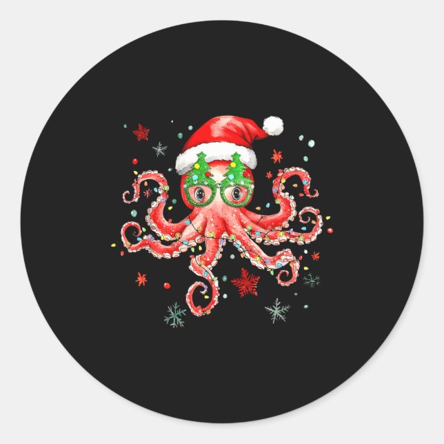 Sticker Rond Octopus Gles Santa Hat Christmas Light Ocean Anima (Devant)