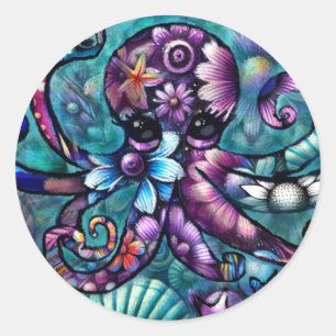 Sticker Rond Octopus lunaire Floral Turquoise Purple Bleu Côte