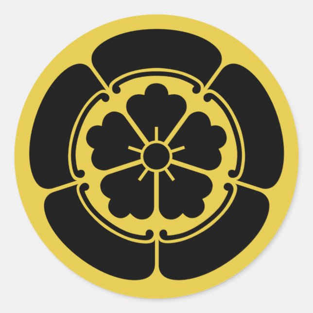 Sticker Rond Oda Mon japonais samouraï clan jaune sur noir (Devant)