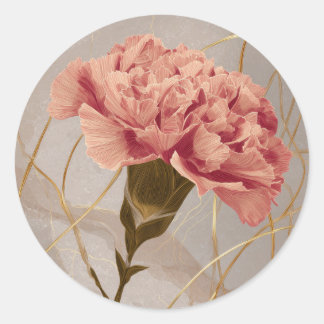 Sticker Rond Œillet Rose Pâle Floral Or
