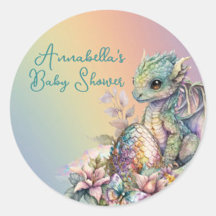 Sticker Rond Œuf de bébé dragon mignon sur arc-en-ciel