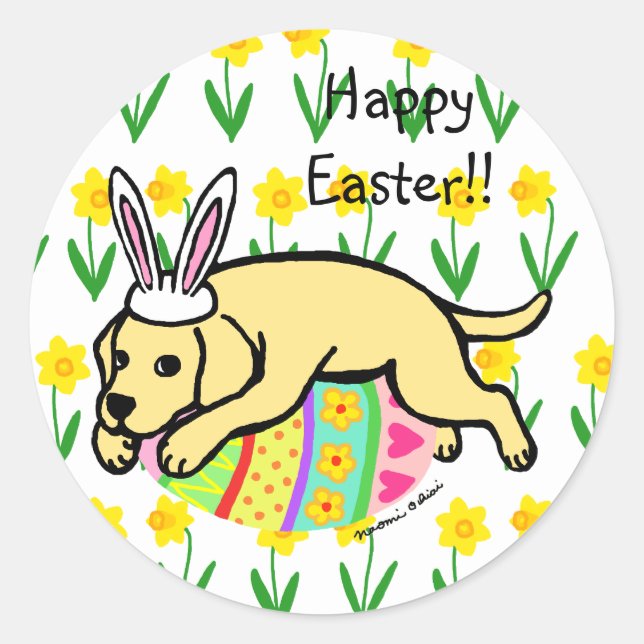 Sticker Rond Oeuf de Pâques Caricature du Labrador jaune (Devant)