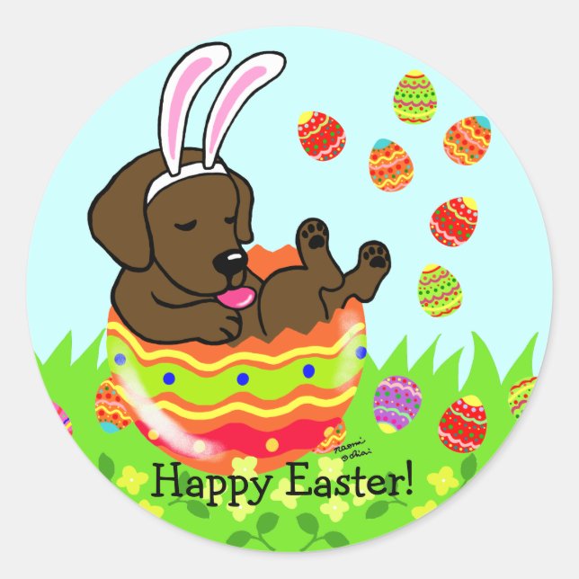 Sticker Rond Oeuf de Pâques Chocolat Labrador Chiot caricature (Devant)