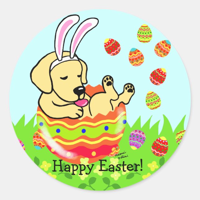 Sticker Rond Oeuf de Pâques Jaune Labrador Chiot caricature (Devant)
