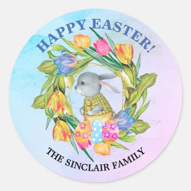 Sticker Rond Oeufs de lapin de Pâques Whimsical Tulipes (Devant)