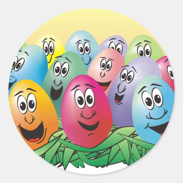 Sticker Rond Oeufs de Pâques avec des visages dans l'herbe (Devant)