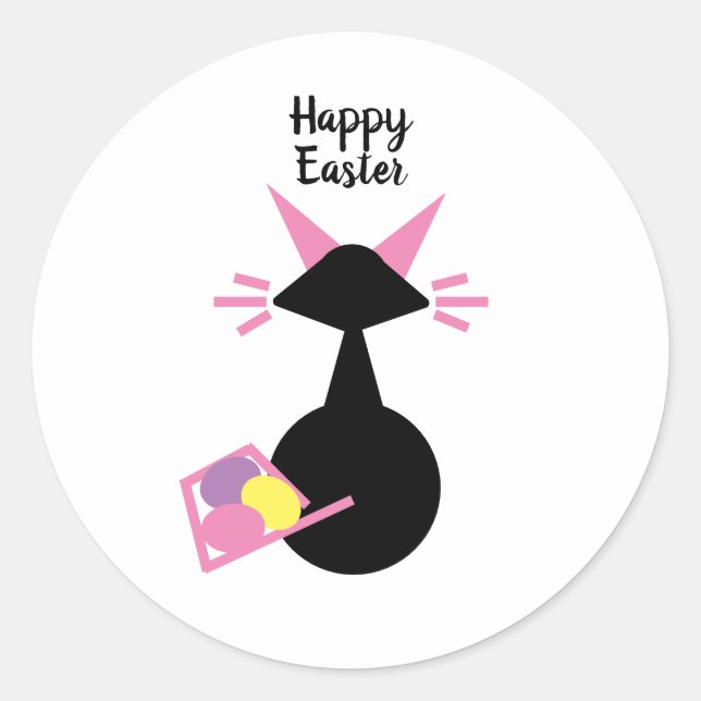 Sticker Rond Oeufs de Pâques Cute Kitty Rose Chat Noir Pâques (Devant)