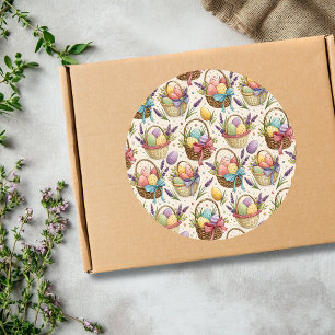 Sticker Rond Œufs de Pâques dans un panier en osier avec de la