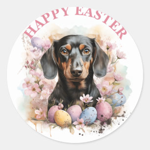 Sticker Rond Oeufs et fleurs de chocolat de Pâques Dachshund -