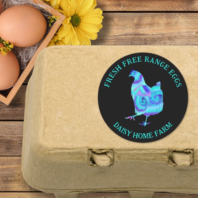Sticker Rond Oeufs frais Commerce moderne (Fresh free range chicken egg box stickers colorful hen with personalized small business name)