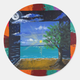 Sticker Rond Œuvre d'art faite main - Jour et Nuit