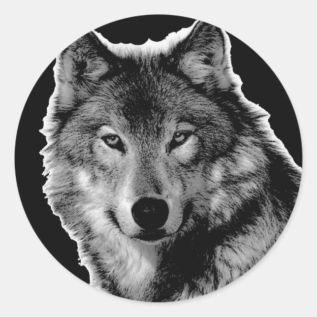 Sticker Rond Oeuvre de Loup noir et blanc (Devant)