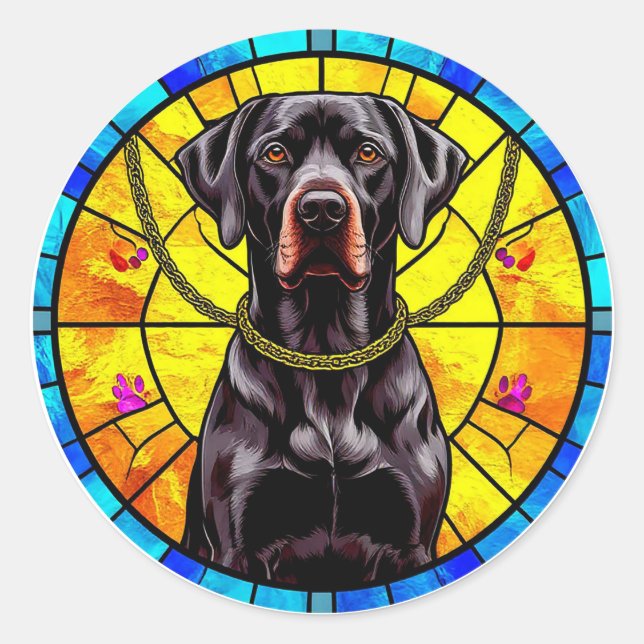 Sticker Rond Oeuvre en verre tendu avec un chien noir (Devant)