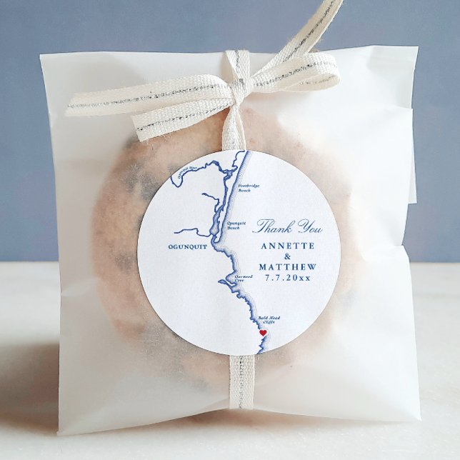 Sticker Rond Ogunquit Maine Wedding Favor Merci (Ogunquit Maine Wedding Favor Thank You Sticker Labels with movable red heart
)