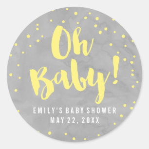 Sticker Rond Oh Baby Baby shower gris et jaune aquarelle